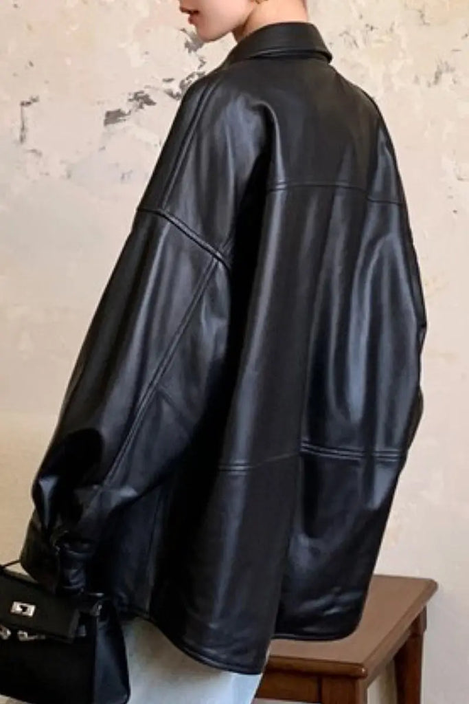Fibflx Women's Oversized Leather Shacket in Black