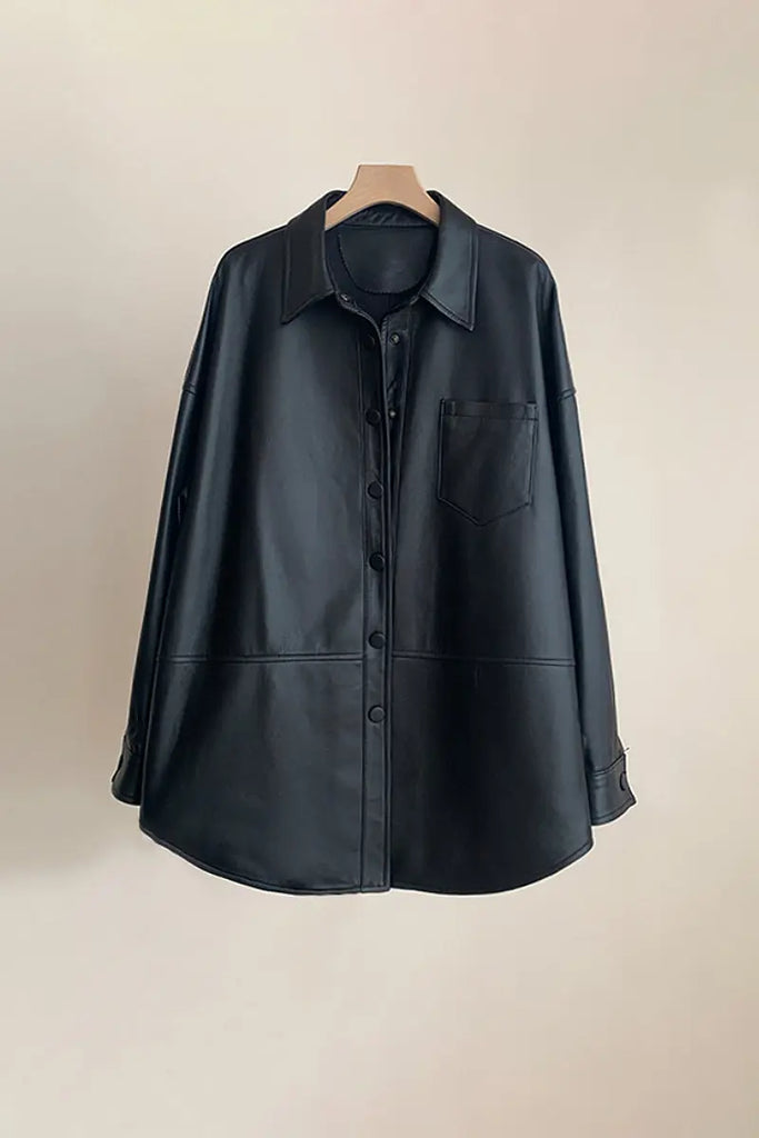 Fibflx Women's Oversized Leather Shacket in Black