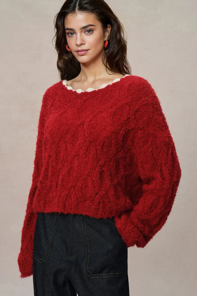 Fibflx Women's Oversized Mohair-Blend Cable Knit Scoop Neck Sweater