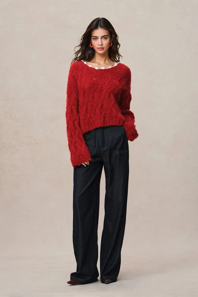 Fibflx Women's Oversized Mohair-Blend Cable Knit Scoop Neck Sweater