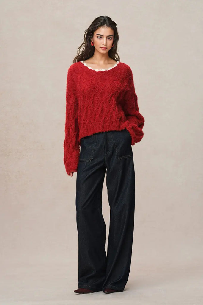 Fibflx Women's Oversized Mohair-Blend Cable Knit Scoop Neck Sweater