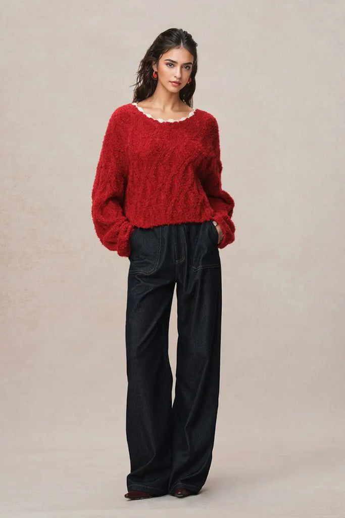 Fibflx Women's Oversized Mohair-Blend Cable Knit Scoop Neck Sweater