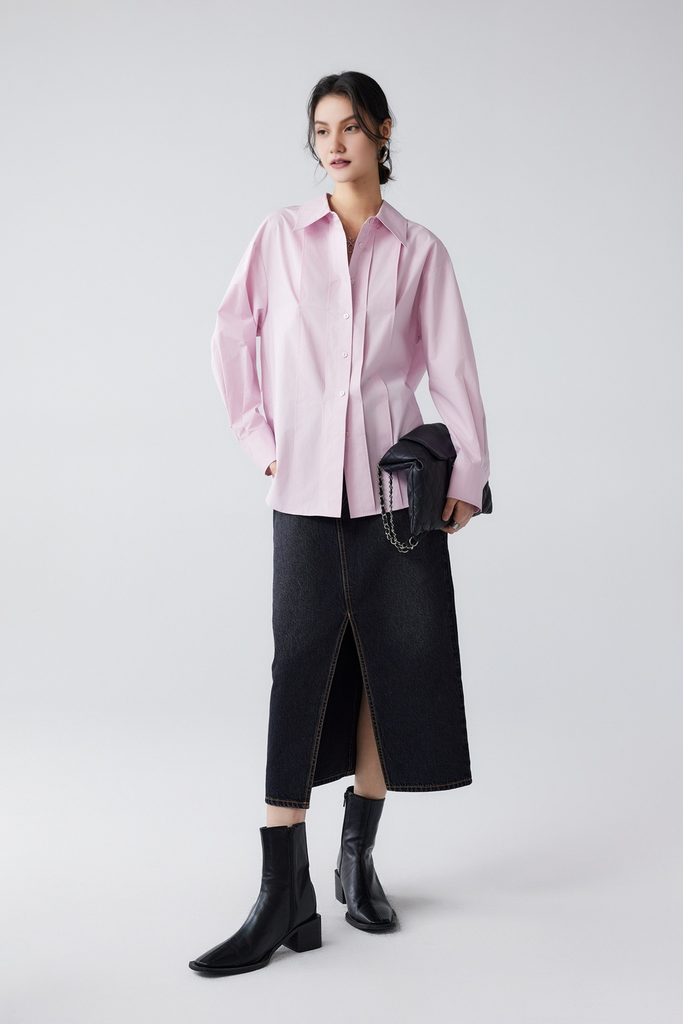 Fibflx Women's Oversized Poplin Pleated  Long Sleeve Shirt