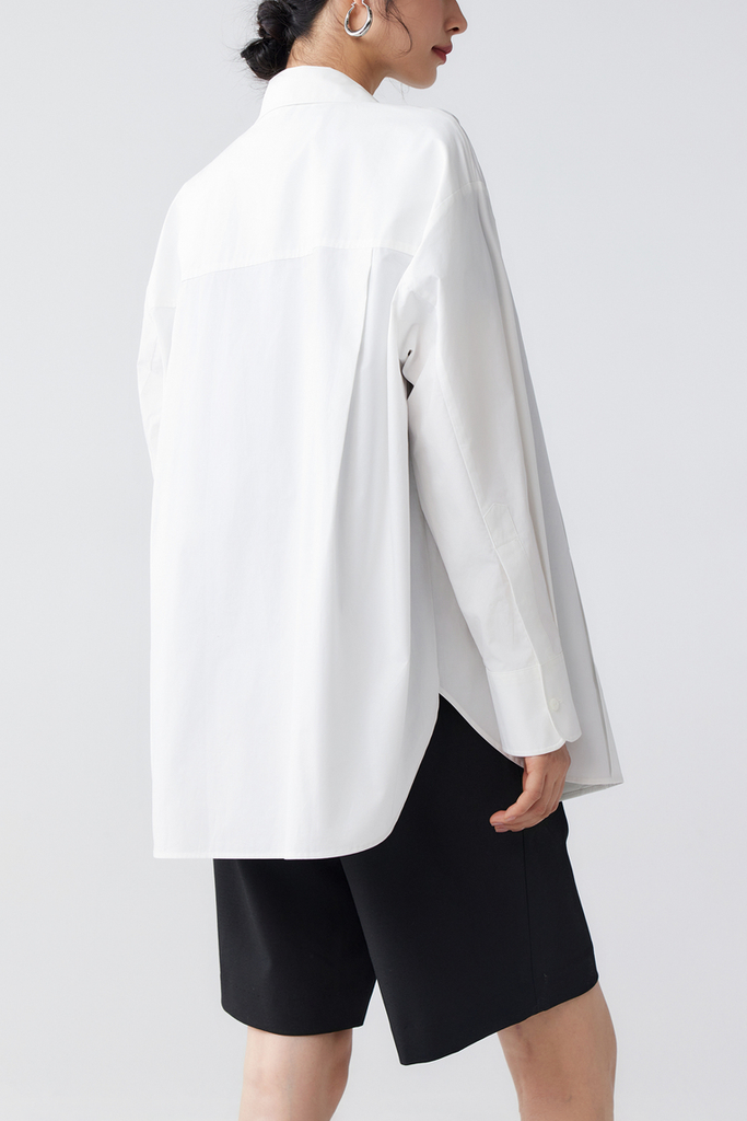 Fibflx Women's Oversized Poplin Pleated  Long Sleeve Shirt