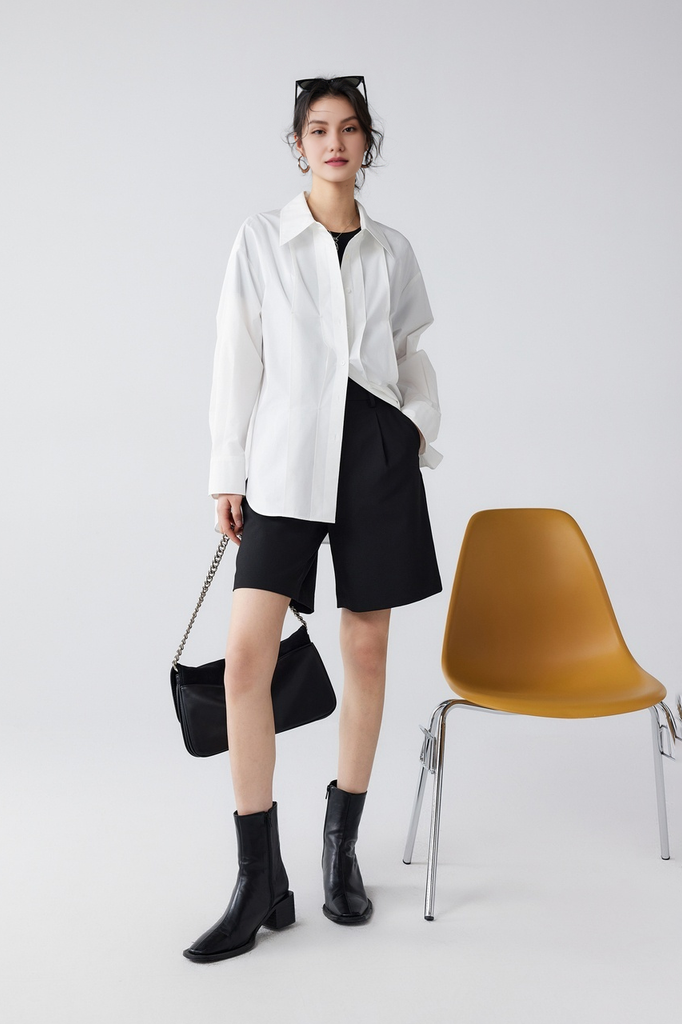 Fibflx Women's Oversized Poplin Pleated  Long Sleeve Shirt