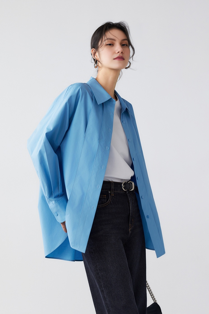Fibflx Women's Oversized Poplin Pleated  Long Sleeve Shirt