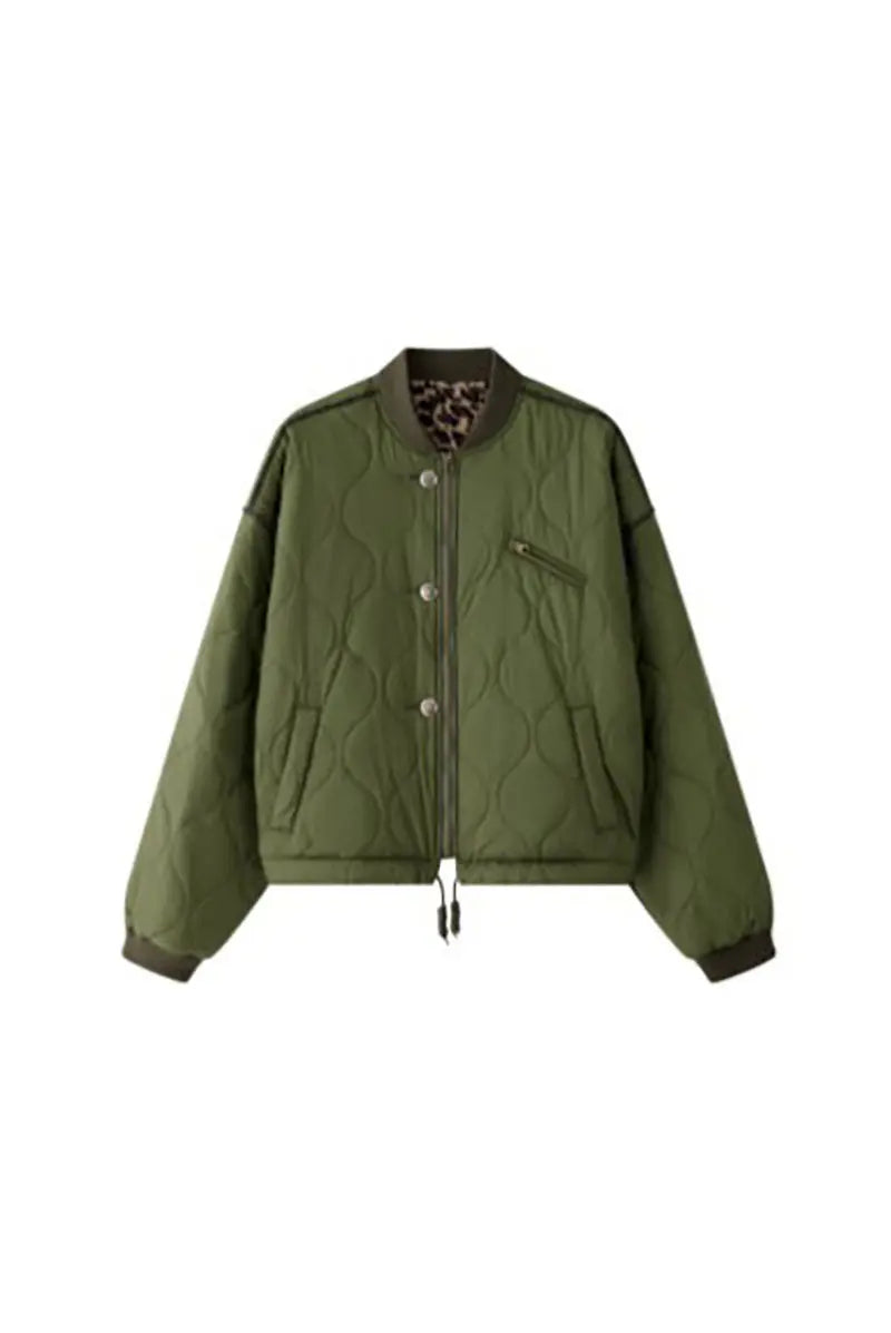 Fibflx Women's Oversized Quilted Zip-Up Bomber Jacket in Green