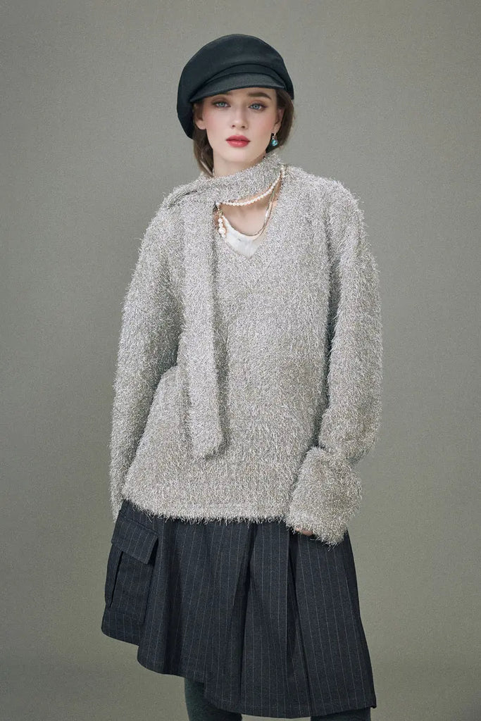 Fibflx Women's Oversized Silver Sparkle Tinsel Knitted Sweater V-Neck Sweater with Scarf
