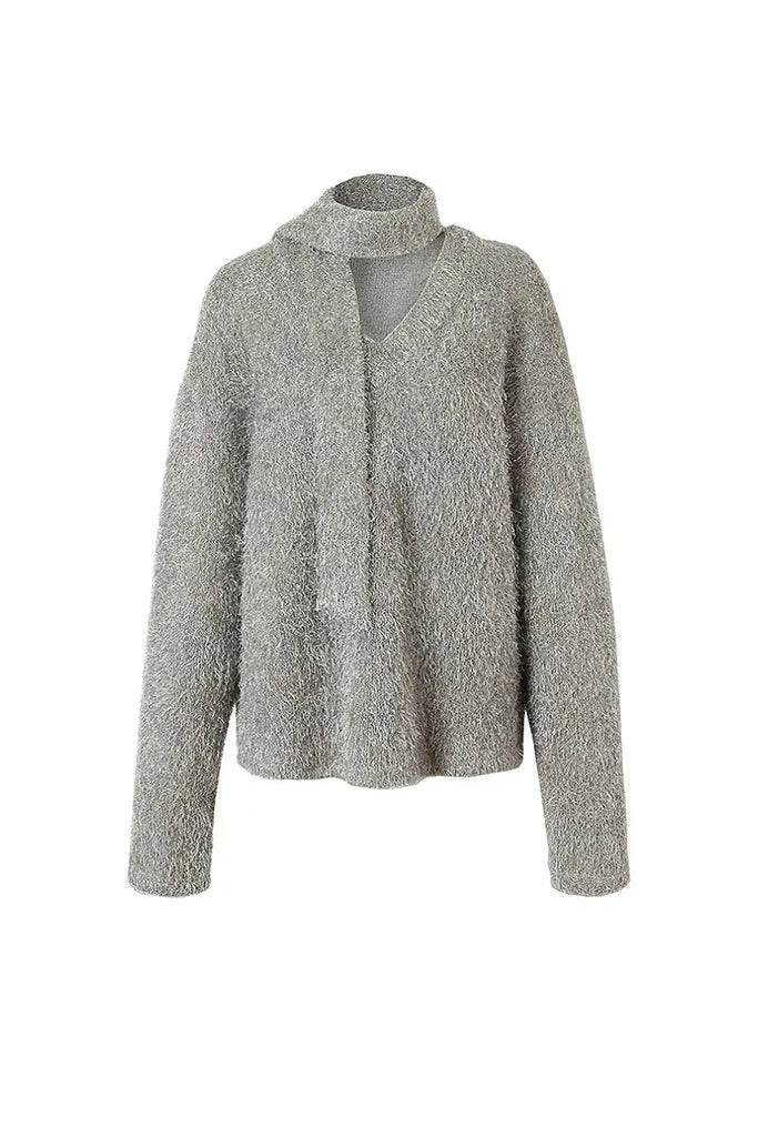 Fibflx Women's Oversized Silver Sparkle Tinsel Knitted Sweater V-Neck Sweater with Scarf