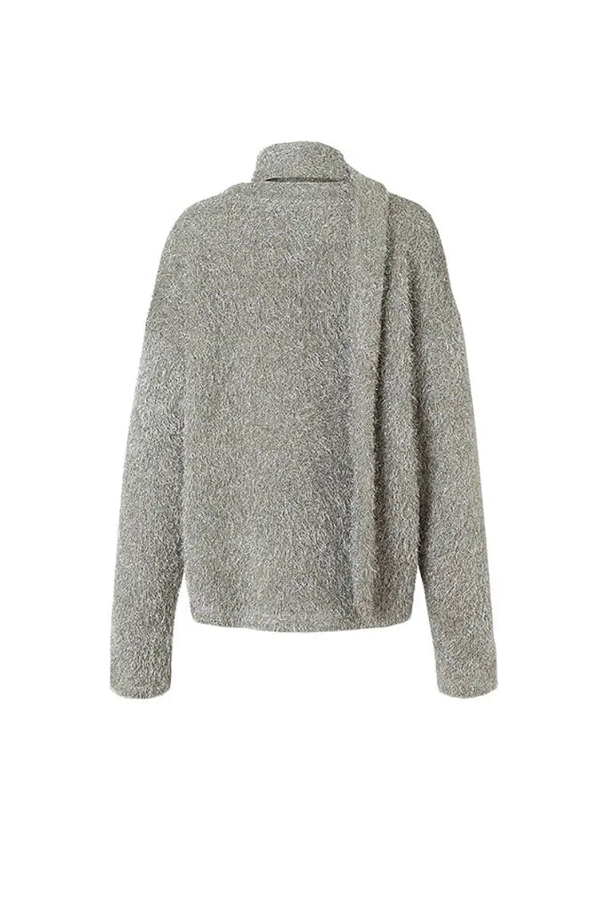 Fibflx Women's Oversized Silver Sparkle Tinsel Knitted Sweater V-Neck Sweater with Scarf