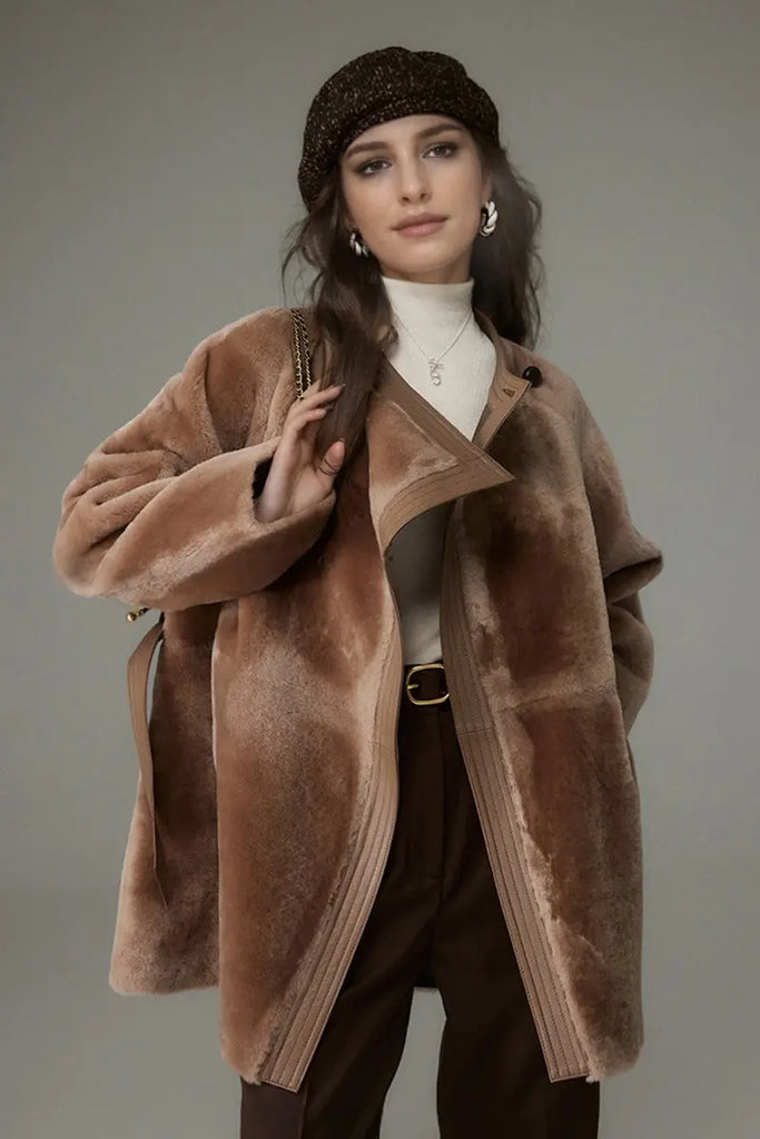 Fibflx Women's Oversized Spain Merino Sheepskin Shearling Wrap Coat with Belt