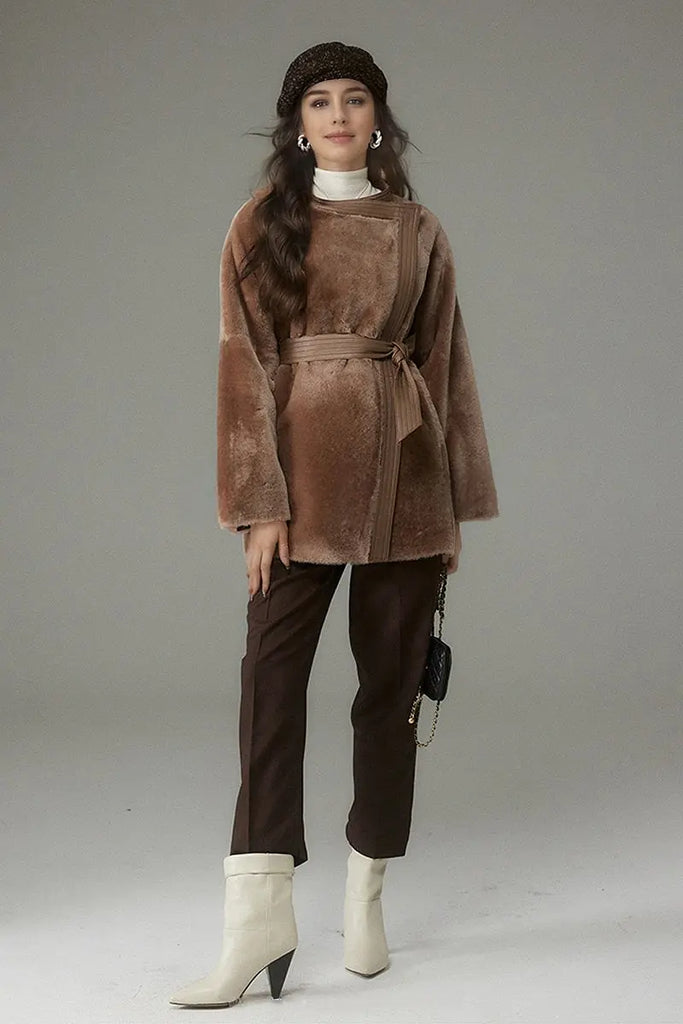 Fibflx Women's Oversized Spain Merino Sheepskin Shearling Wrap Coat with Belt