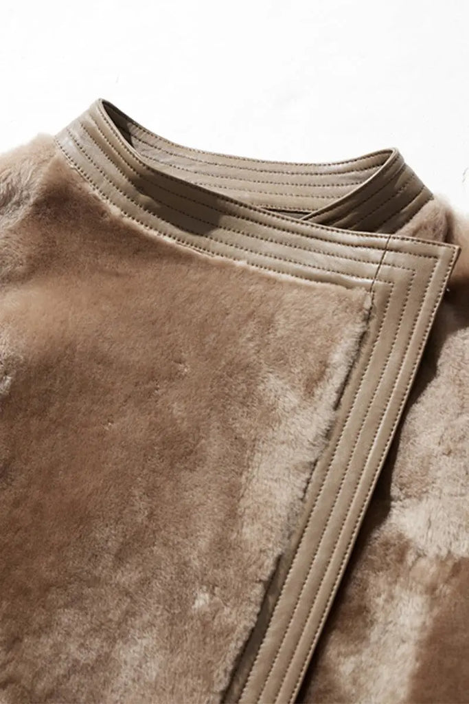 Fibflx Women's Oversized Spain Merino Sheepskin Shearling Wrap Coat with Belt