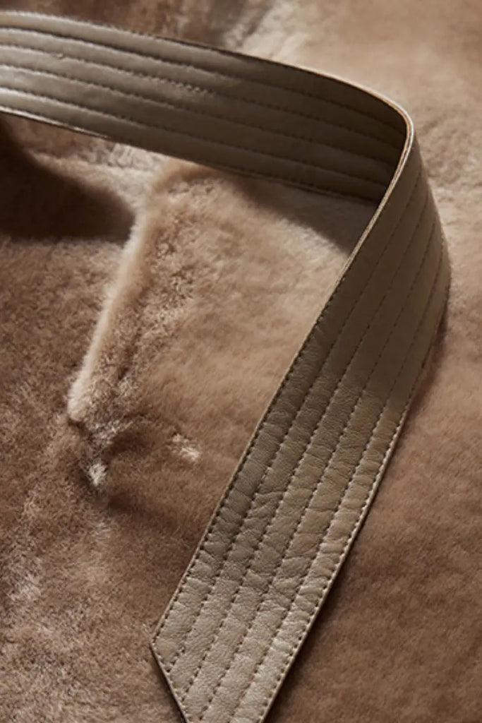 Fibflx Women's Oversized Spain Merino Sheepskin Shearling Wrap Coat with Belt