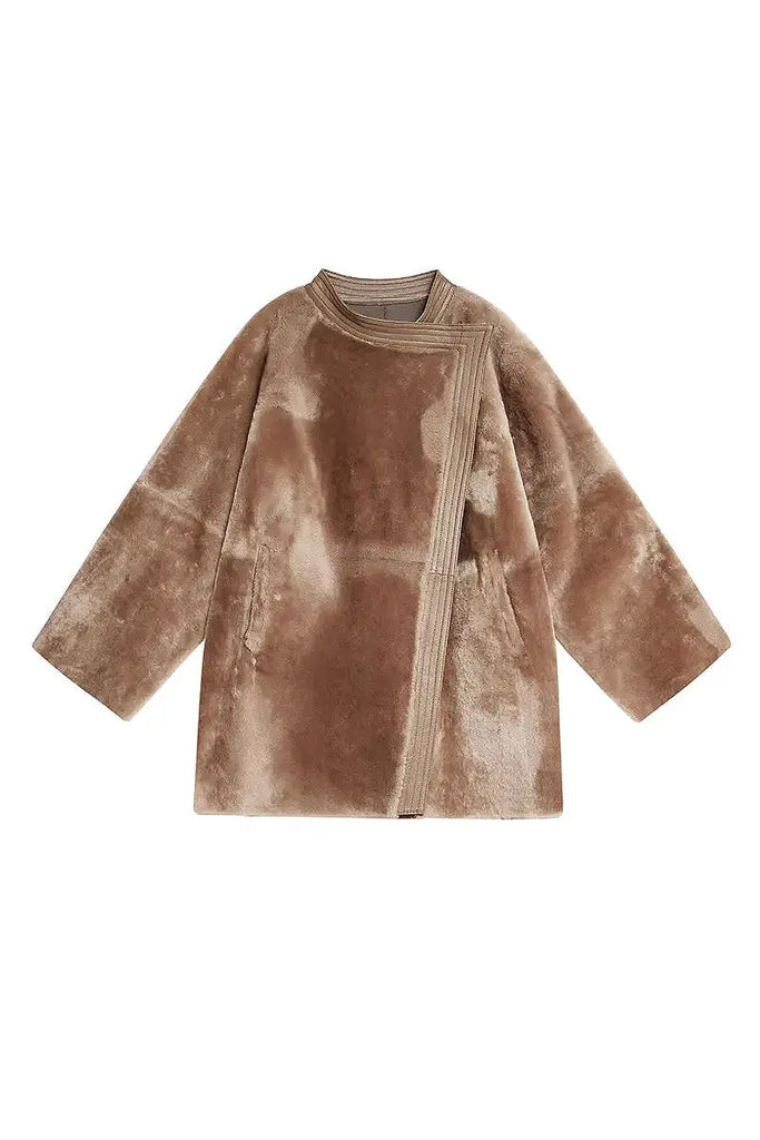 Fibflx Women's Oversized Spain Merino Sheepskin Shearling Wrap Coat with Belt
