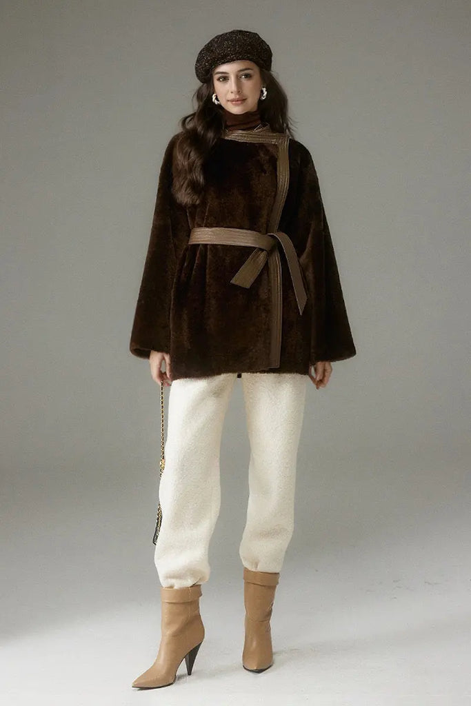 Fibflx Women's Oversized Spain Merino Sheepskin Shearling Wrap Coat with Belt