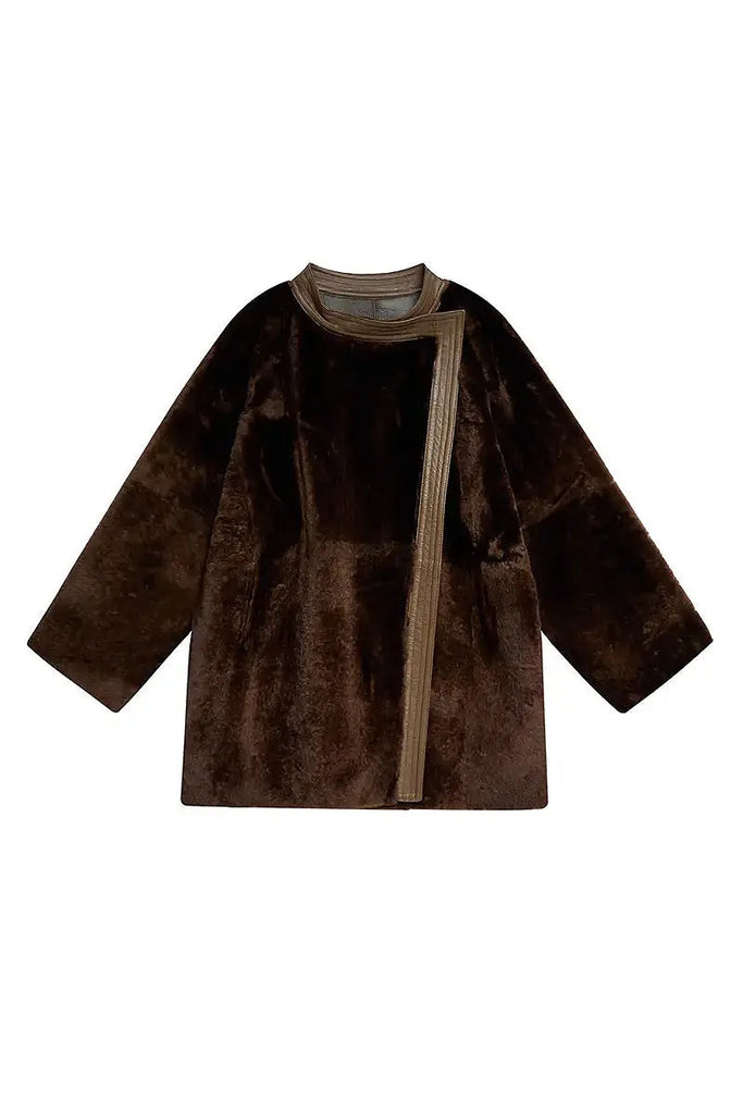 Fibflx Women's Oversized Spain Merino Sheepskin Shearling Wrap Coat with Belt