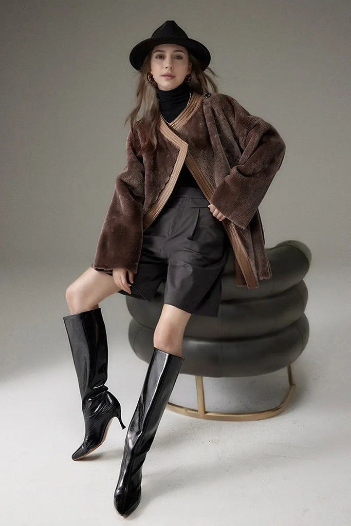 Fibflx Women's Oversized Spain Merino Sheepskin Shearling Wrap Coat with Belt