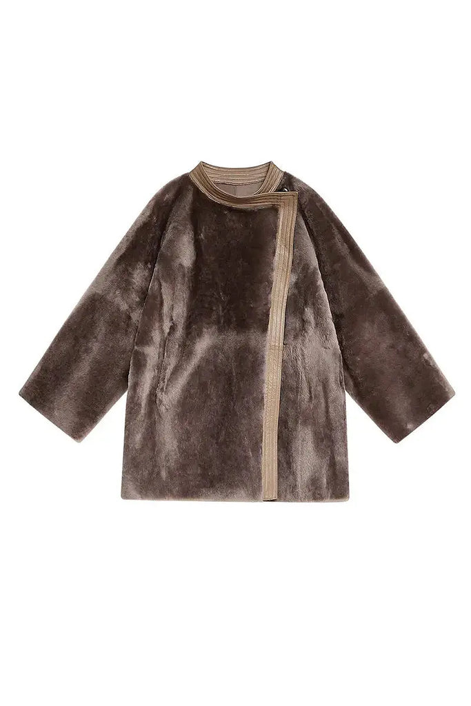 Fibflx Women's Oversized Spain Merino Sheepskin Shearling Wrap Coat with Belt