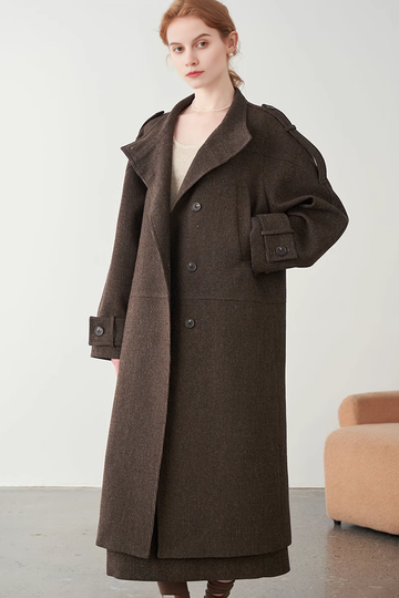 Oversized Stand Collar Wool Blend Brown Coat - Fibflx