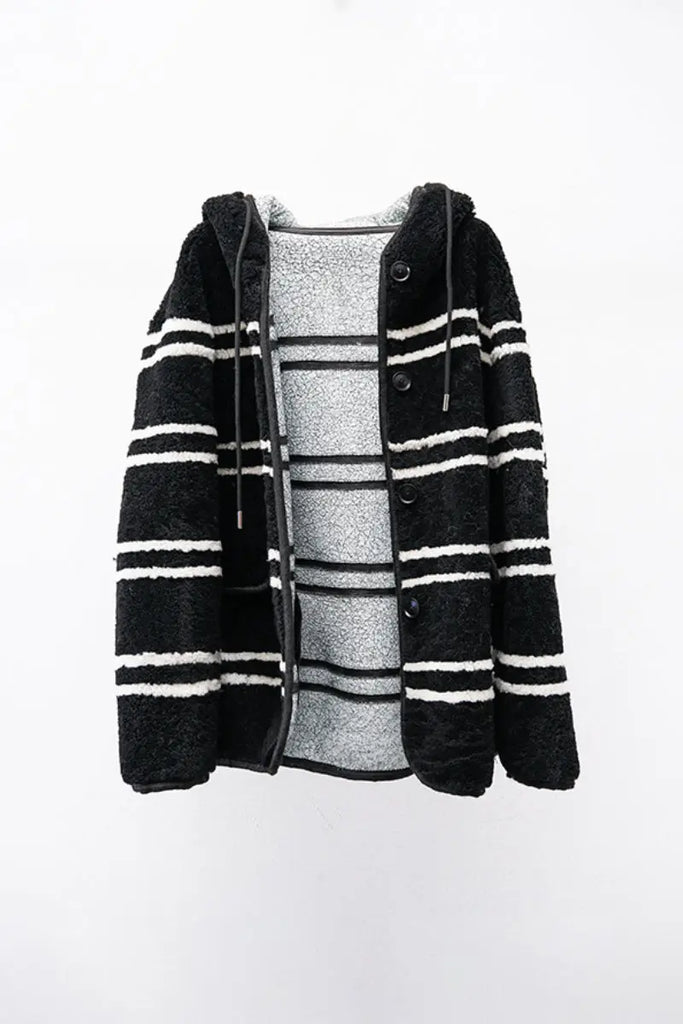 Fibflx Women's Oversized Striped Merino Sheepskin Shearling Coat with Hood