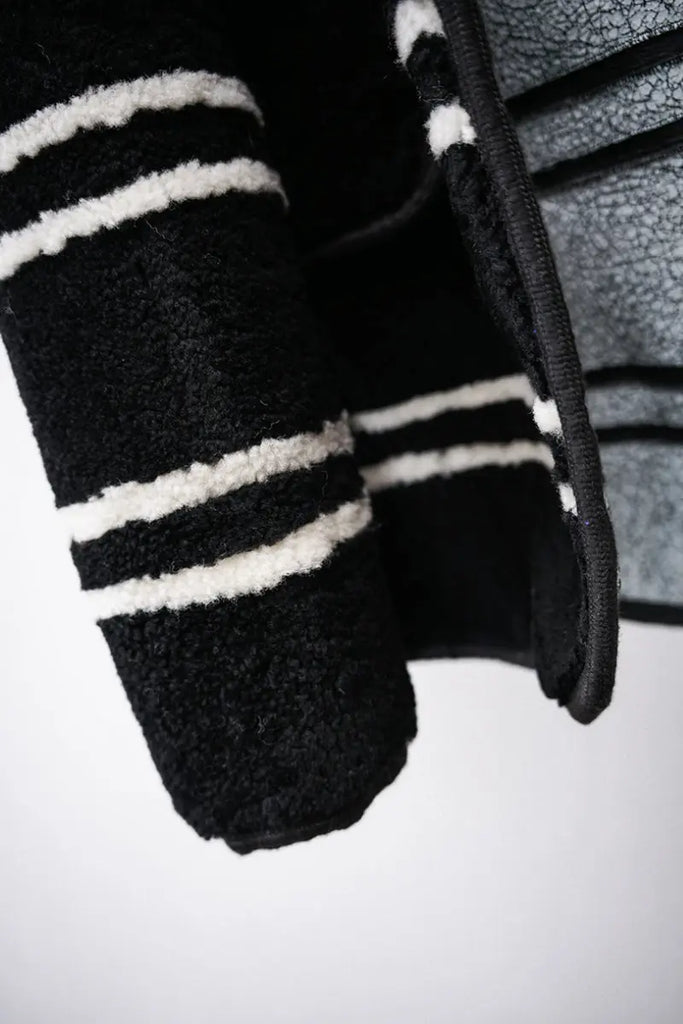 Fibflx Women's Oversized Striped Merino Sheepskin Shearling Coat with Hood