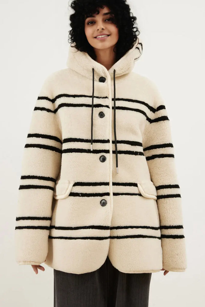 Fibflx Women's Oversized Striped Merino Sheepskin Shearling Coat with Hood