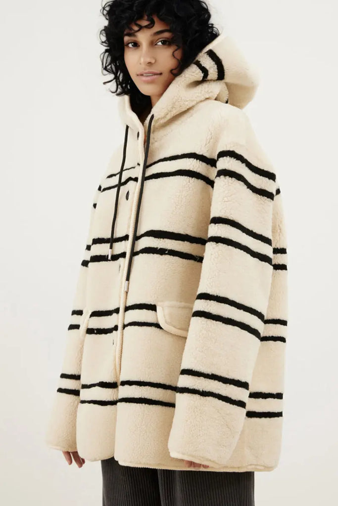 Fibflx Women's Oversized Striped Merino Sheepskin Shearling Coat with Hood