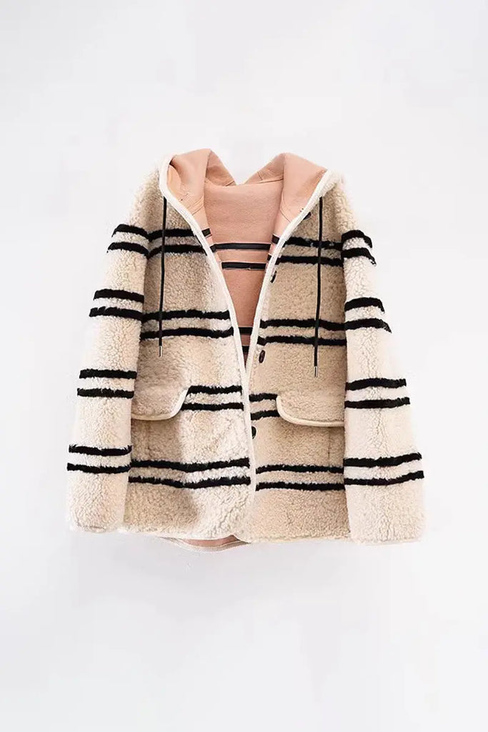 Fibflx Women's Oversized Striped Merino Sheepskin Shearling Coat with Hood