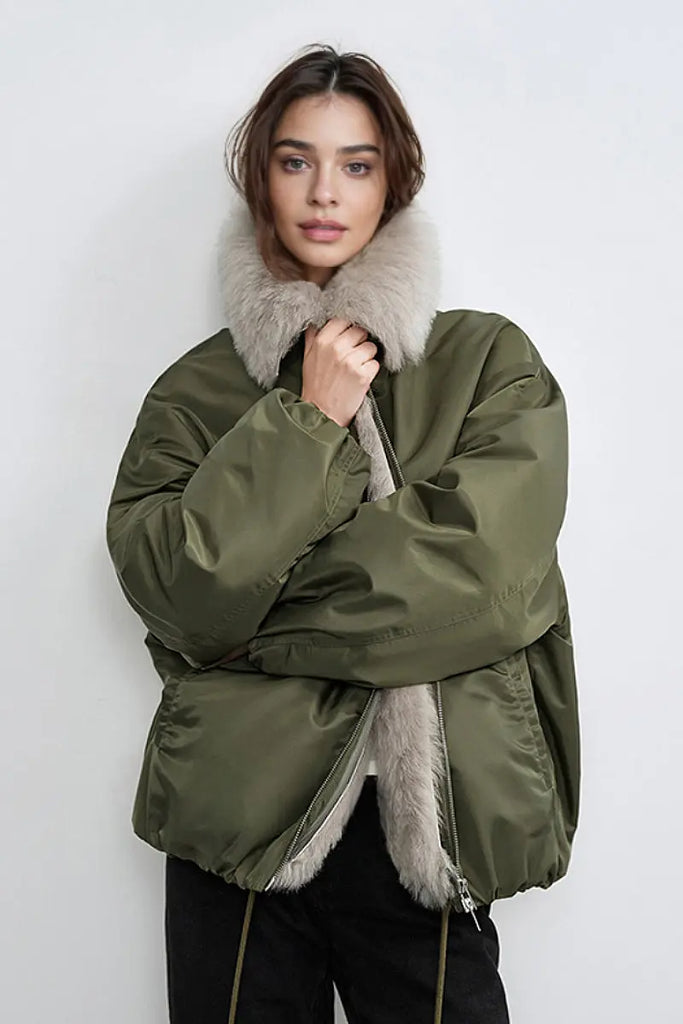Fibflx Women's Oversized Water Repellent Bomber Puffer Coat with Toscana Shearling Collar