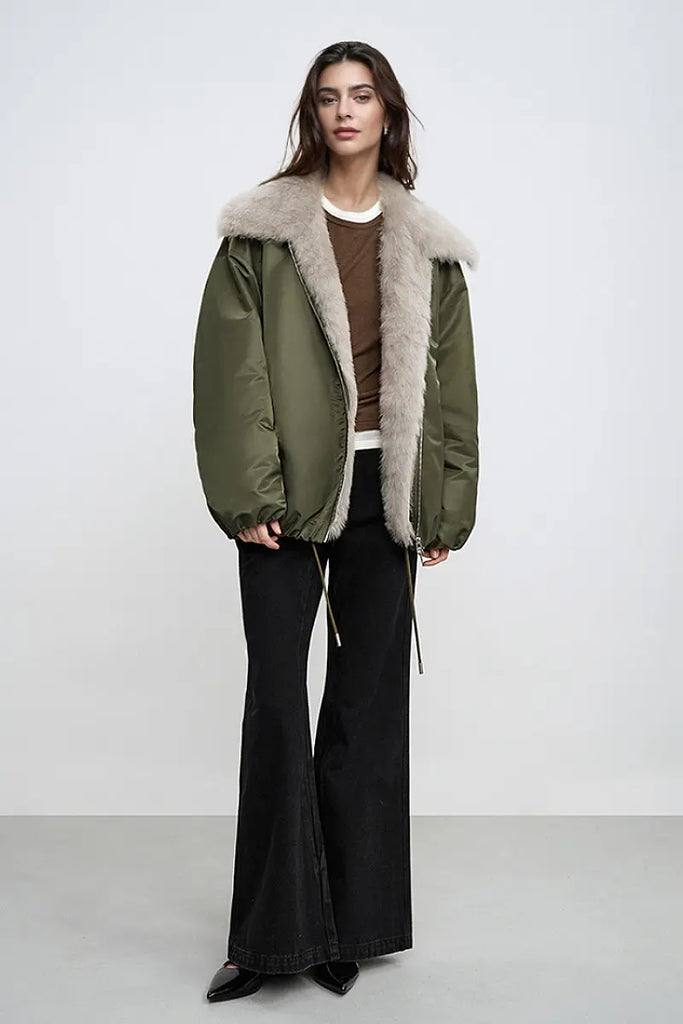 Fibflx Women's Oversized Water Repellent Bomber Puffer Coat with Toscana Shearling Collar