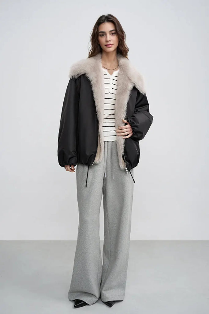 Fibflx Women's Oversized Water Repellent Bomber Puffer Coat with Toscana Shearling Collar