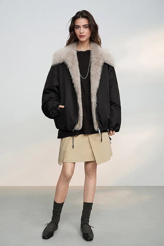 Fibflx Women's Oversized Water Repellent Bomber Puffer Coat with Toscana Shearling Collar