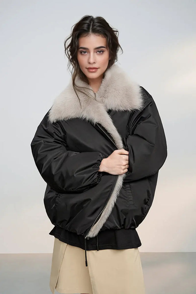 Fibflx Women's Oversized Water Repellent Bomber Puffer Coat with Toscana Shearling Collar