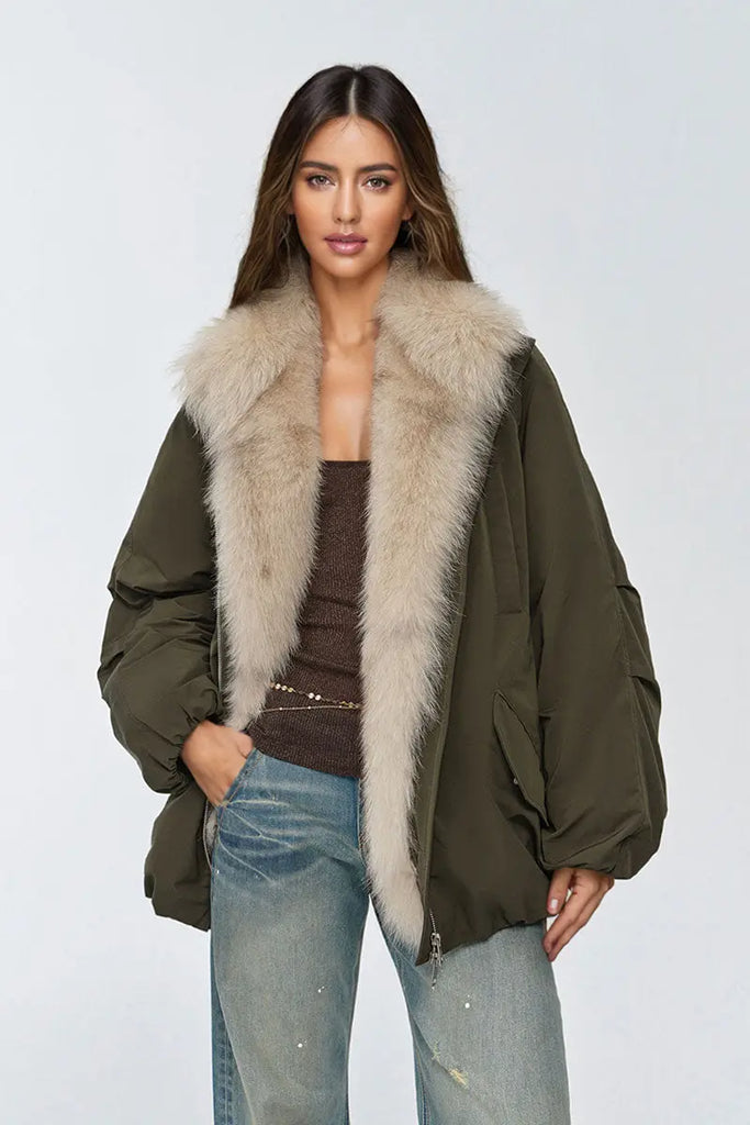 Fibflx Women's Oversized Water Repellent Puffer Bomber Coat with Detachable Fox Fur Collar