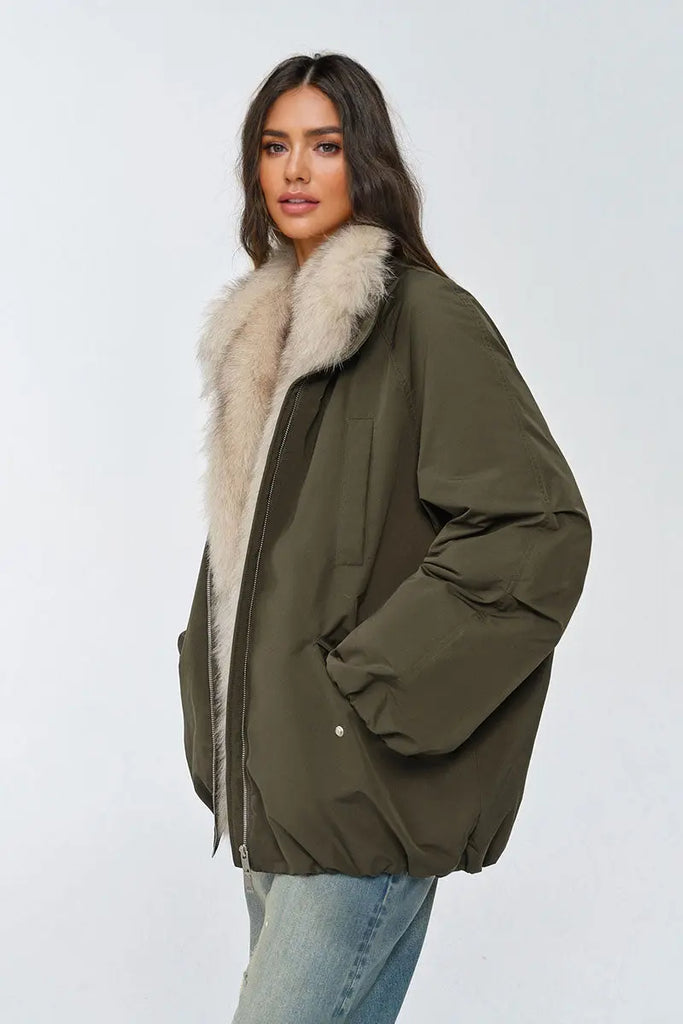 Fibflx Women's Oversized Water Repellent Puffer Bomber Coat with Detachable Fox Fur Collar