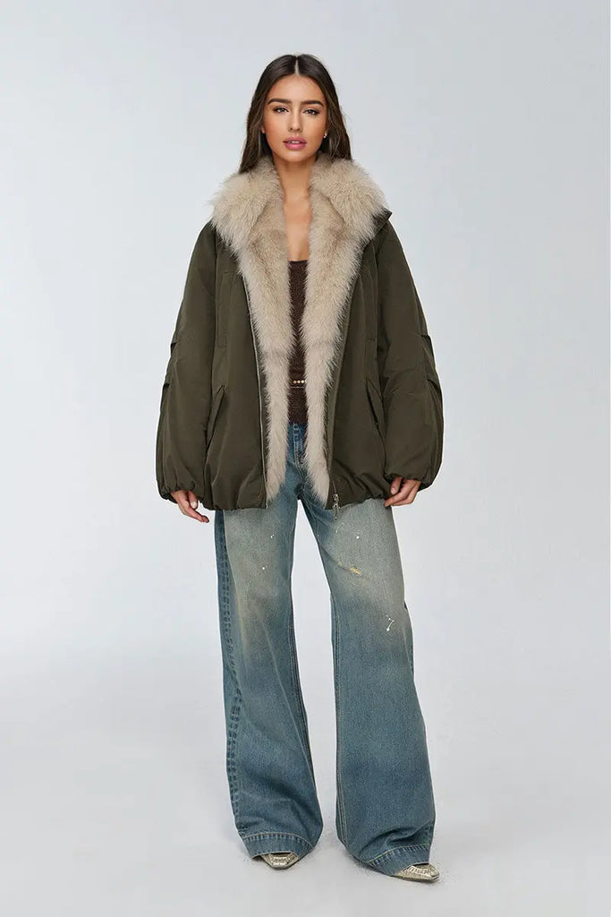 Fibflx Women's Oversized Water Repellent Puffer Bomber Coat with Detachable Fox Fur Collar