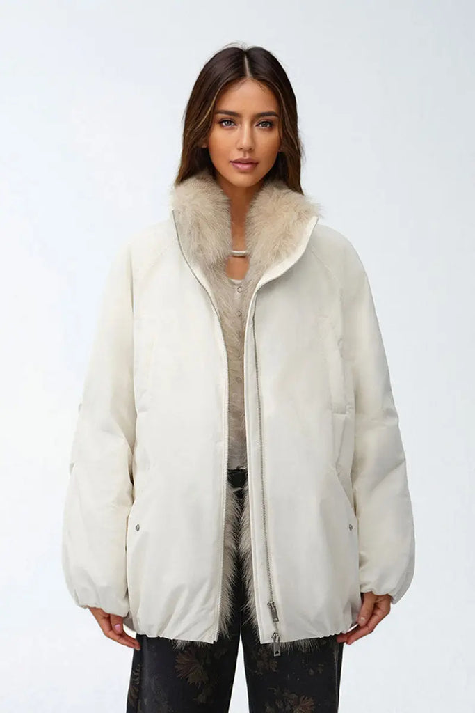 Fibflx Women's Oversized Water Repellent Puffer Bomber Coat with Detachable Fox Fur Collar