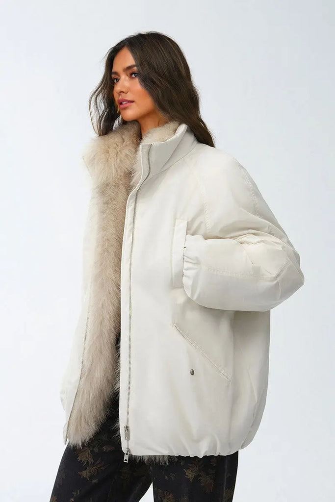 Fibflx Women's Oversized Water Repellent Puffer Bomber Coat with Detachable Fox Fur Collar
