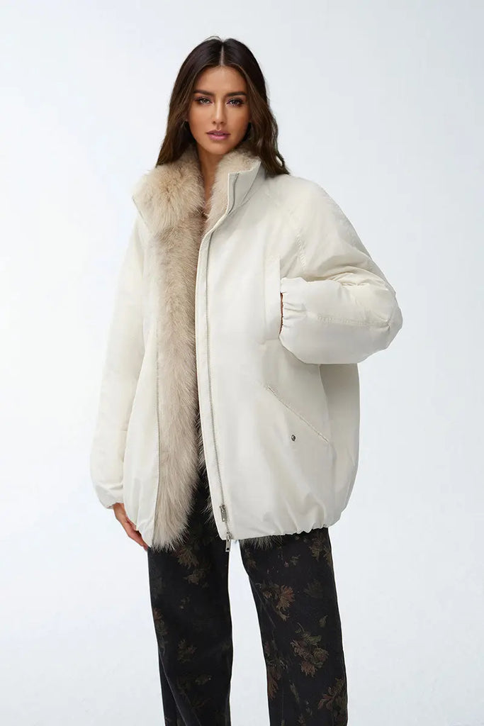 Fibflx Women's Oversized Water Repellent Puffer Bomber Coat with Detachable Fox Fur Collar