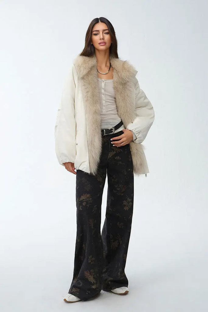 Fibflx Women's Oversized Water Repellent Puffer Bomber Coat with Detachable Fox Fur Collar