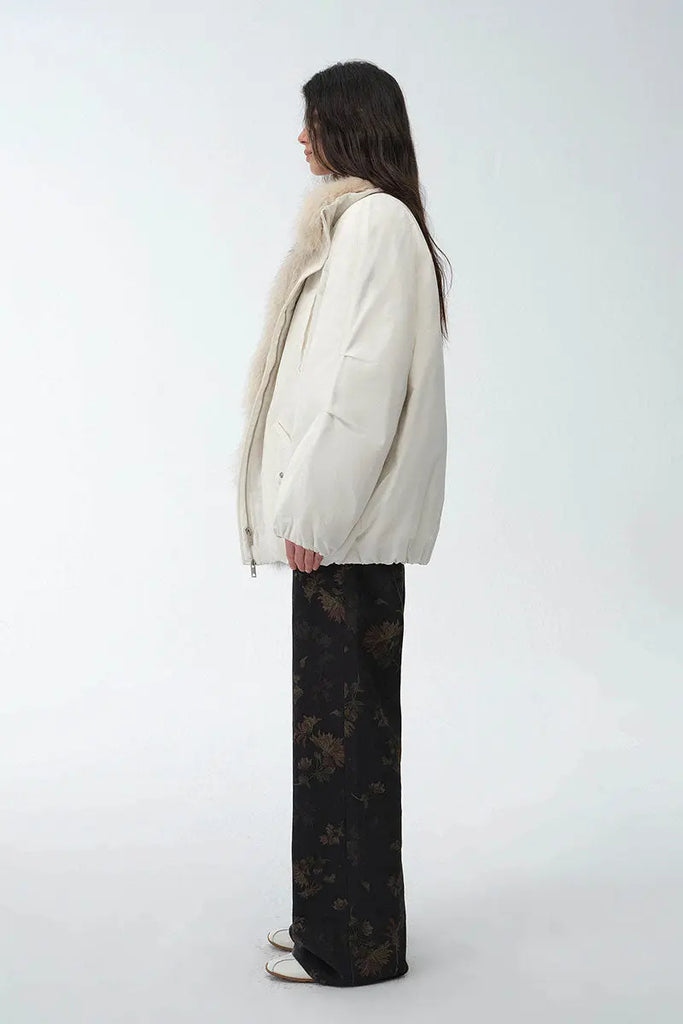 Fibflx Women's Oversized Water Repellent Puffer Bomber Coat with Detachable Fox Fur Collar