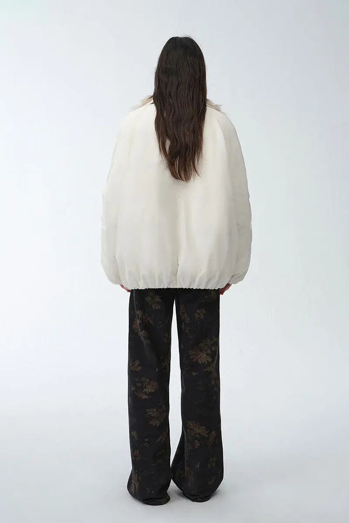 Fibflx Women's Oversized Water Repellent Puffer Bomber Coat with Detachable Fox Fur Collar