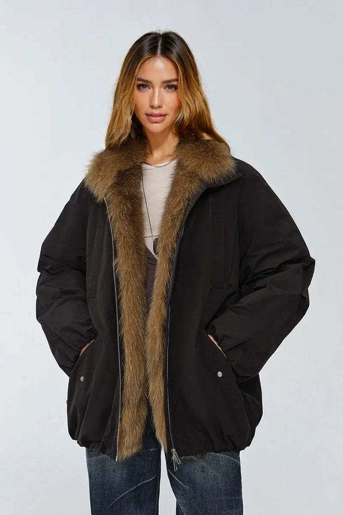 Fibflx Women's Oversized Water Repellent Puffer Bomber Coat with Detachable Fox Fur Collar