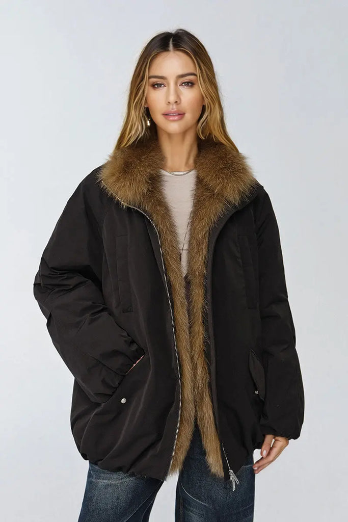 Fibflx Women's Oversized Water Repellent Puffer Bomber Coat with Detachable Fox Fur Collar
