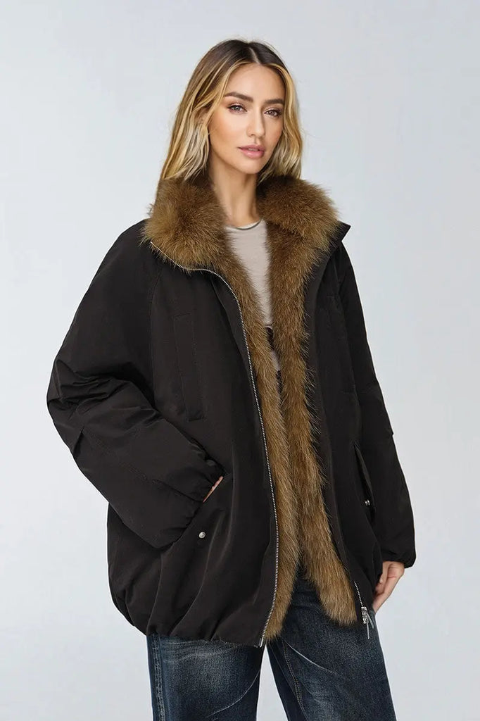 Fibflx Women's Oversized Water Repellent Puffer Bomber Coat with Detachable Fox Fur Collar