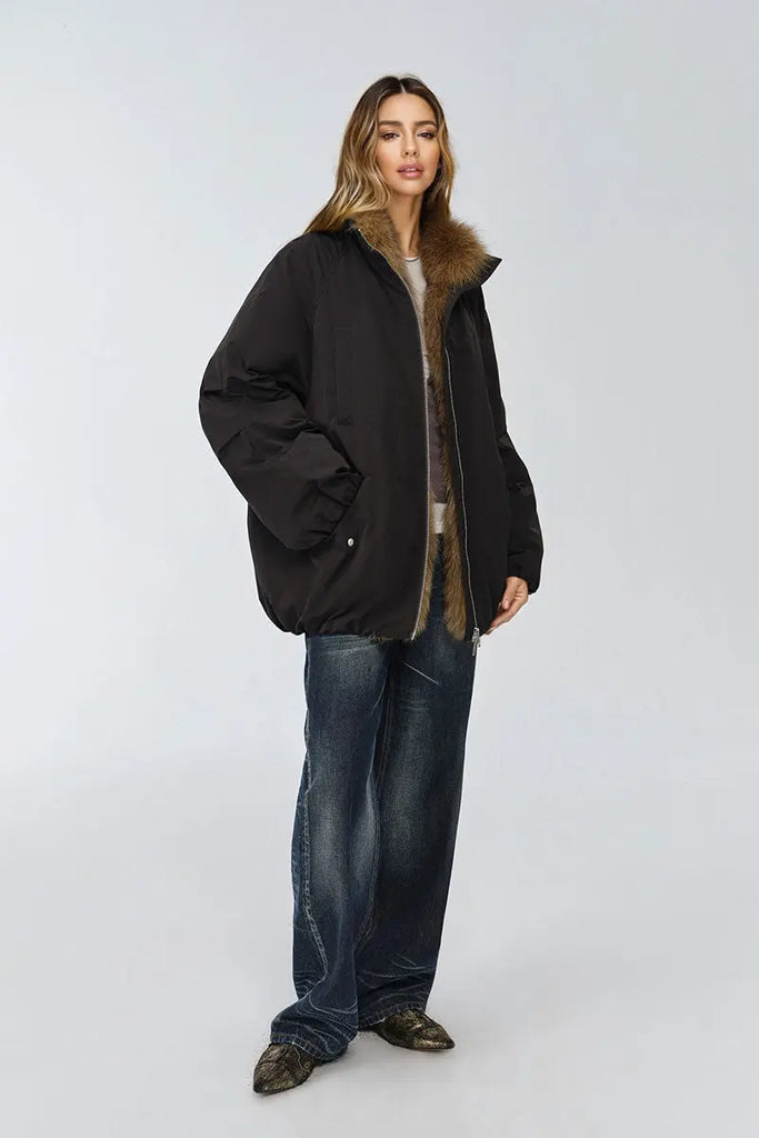 Fibflx Women's Oversized Water Repellent Puffer Bomber Coat with Detachable Fox Fur Collar
