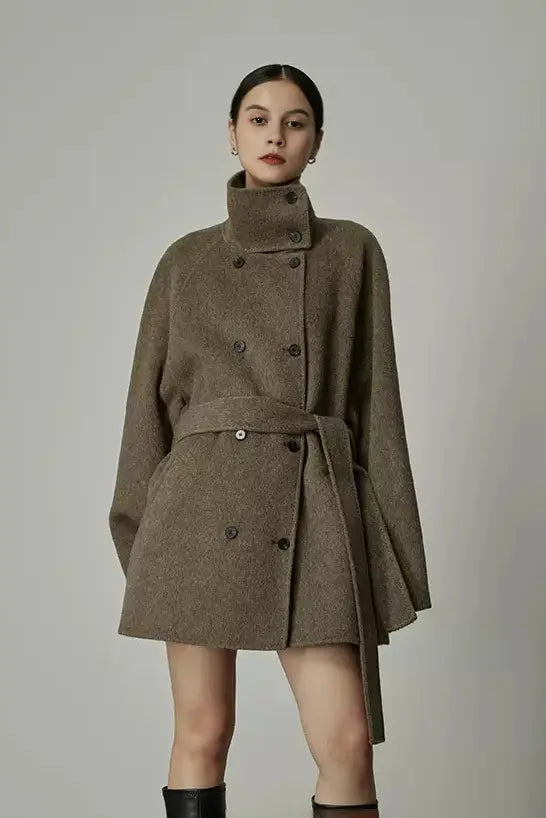 Oversized Wool Alpaca Stand Collar Cape Coat with Belt Fibflx