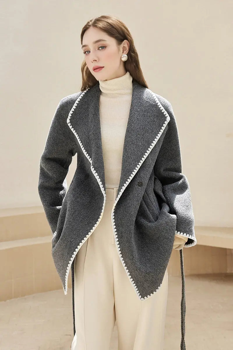 Oversized Contrast Collar Belted Wool Coat