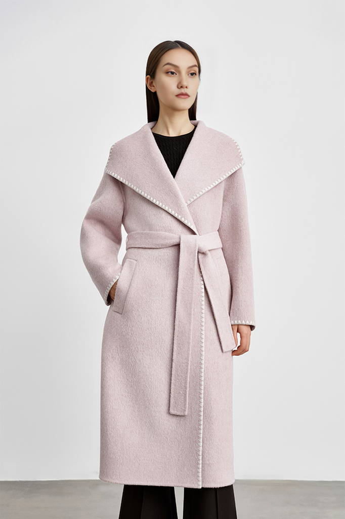 Oversized Wool-blend Belted Wrap Coat With White Contrasting Stitch Fibflx